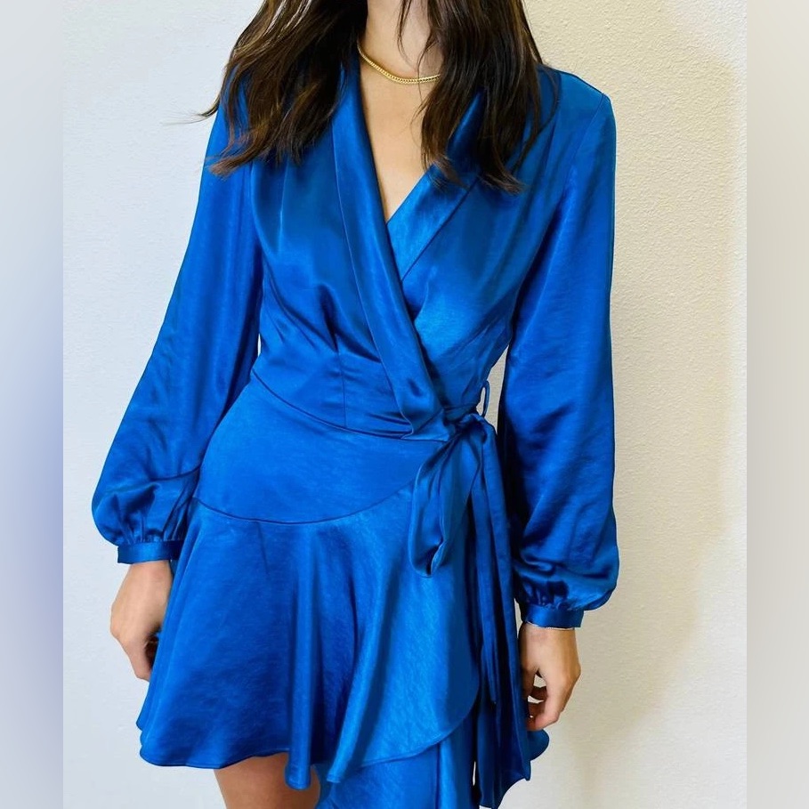 Lucy Paris Adonia Metallic Wrap Mini Dress Long Sleeve Tie Waist Satin Blue S